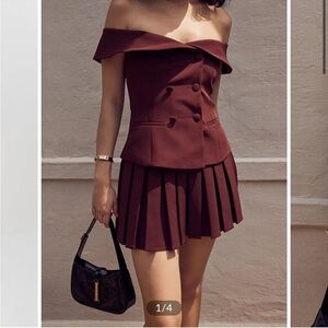 Cold Shoulder Blazer Top With Pleated Skirt Set